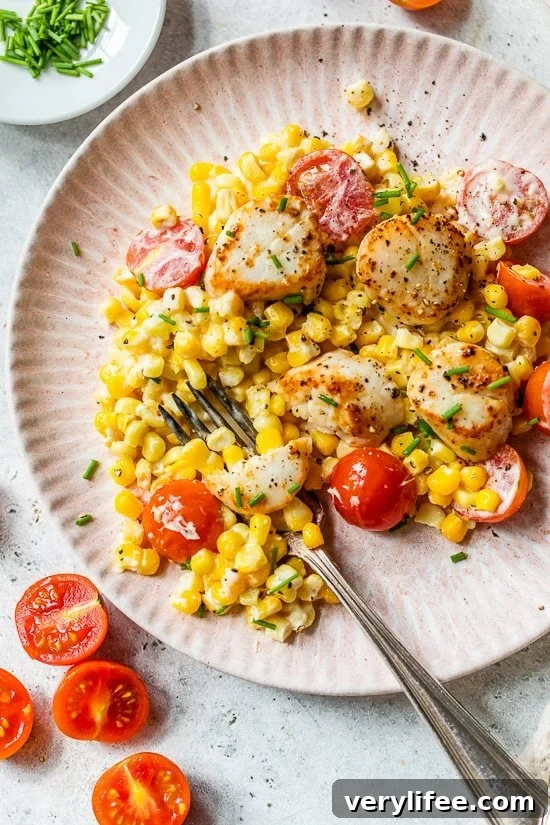 Seared Scallops with Creamy Corn, Tomatoes and Chives