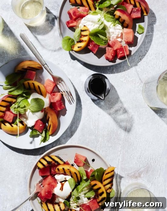 Although burrata—a fresh cheese made with mozzarella and cream—is undeniably the star of this light summer salad, the juicy grilled peaches and refreshing watermelon are pretty hard to resist.