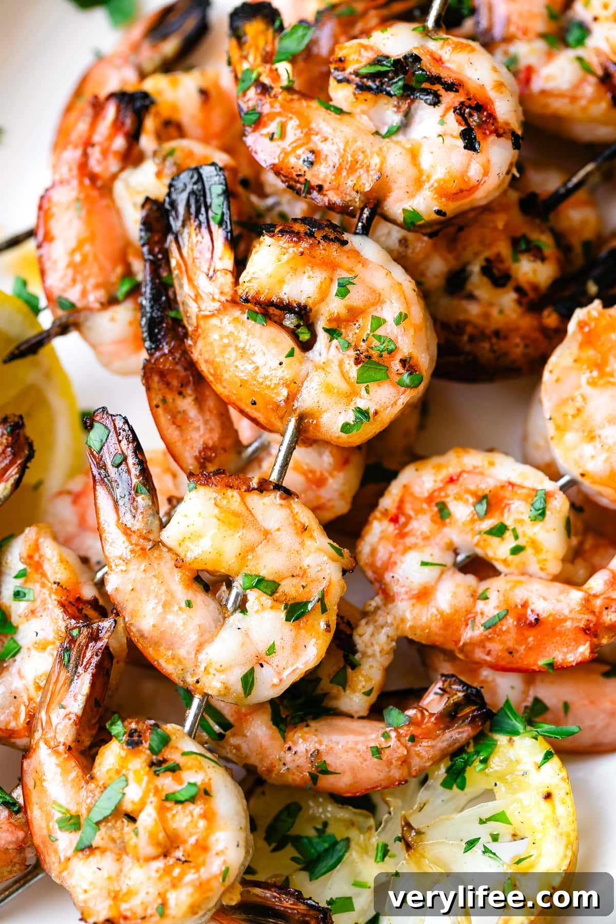 Garlic Butter Grilled Shrimp Recipe 2 Grilled Shrimp on skewers