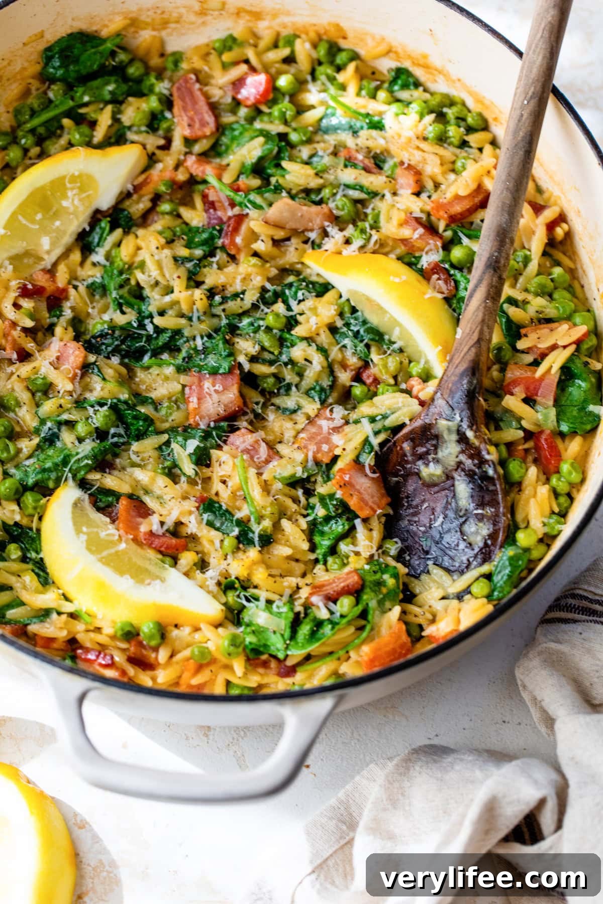 One Pot Orzo with Bacon, Peas, Spinach, and Lemon