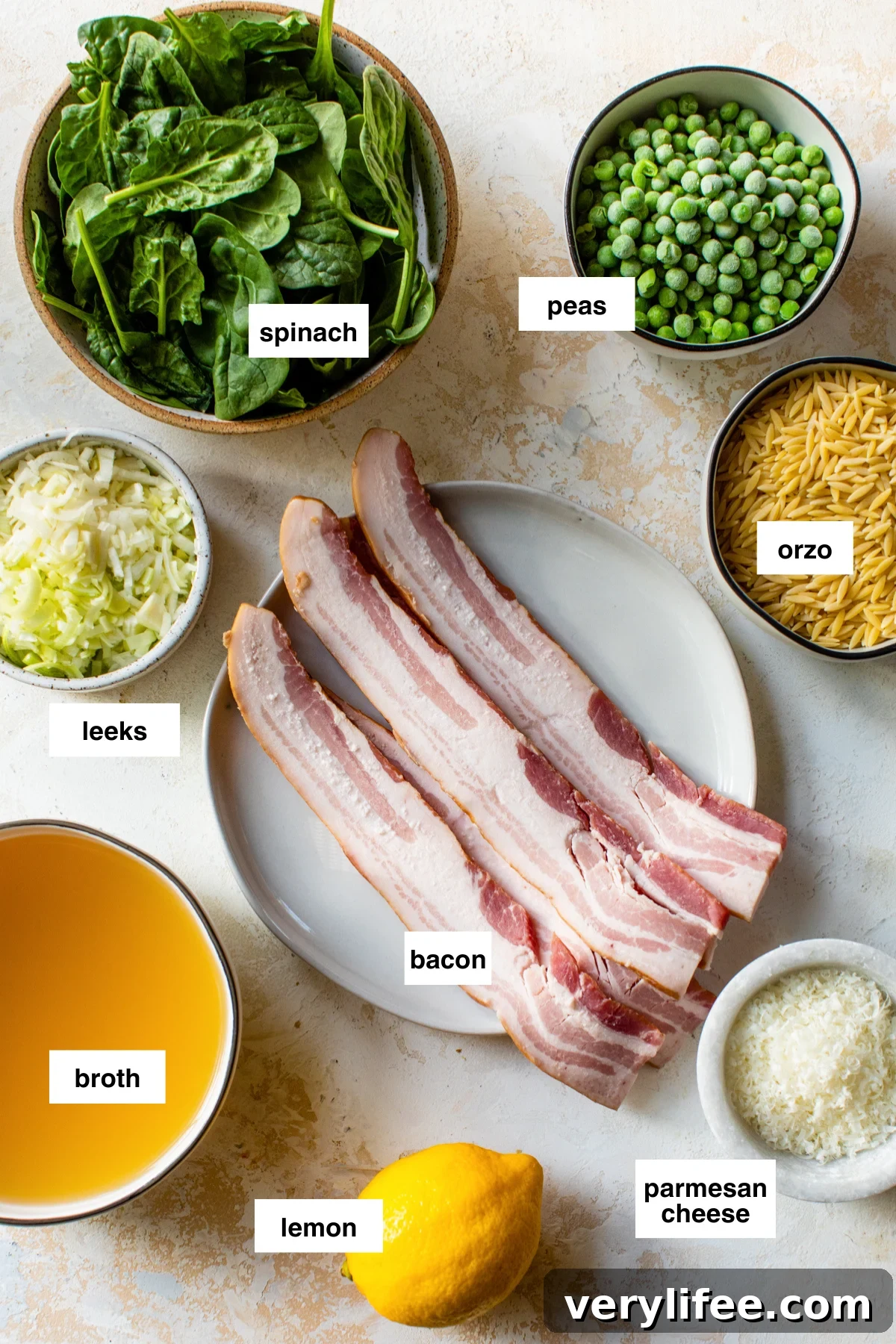 bacon, orzo, lemon, peas, spinach