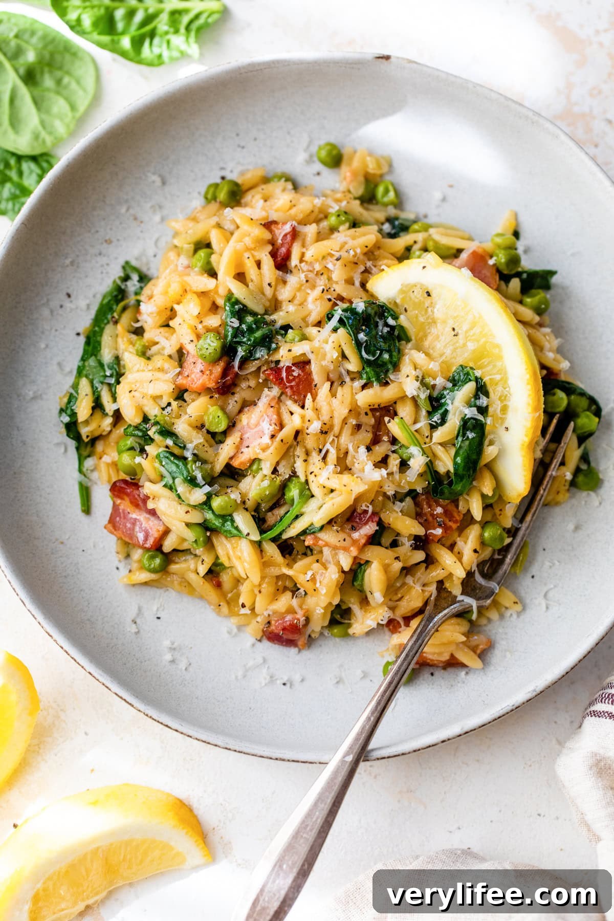 One Pot Orzo with Bacon, Peas, Spinach, and Lemon