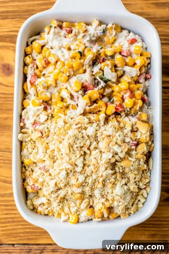 Crab Dip with corn ready to bake.