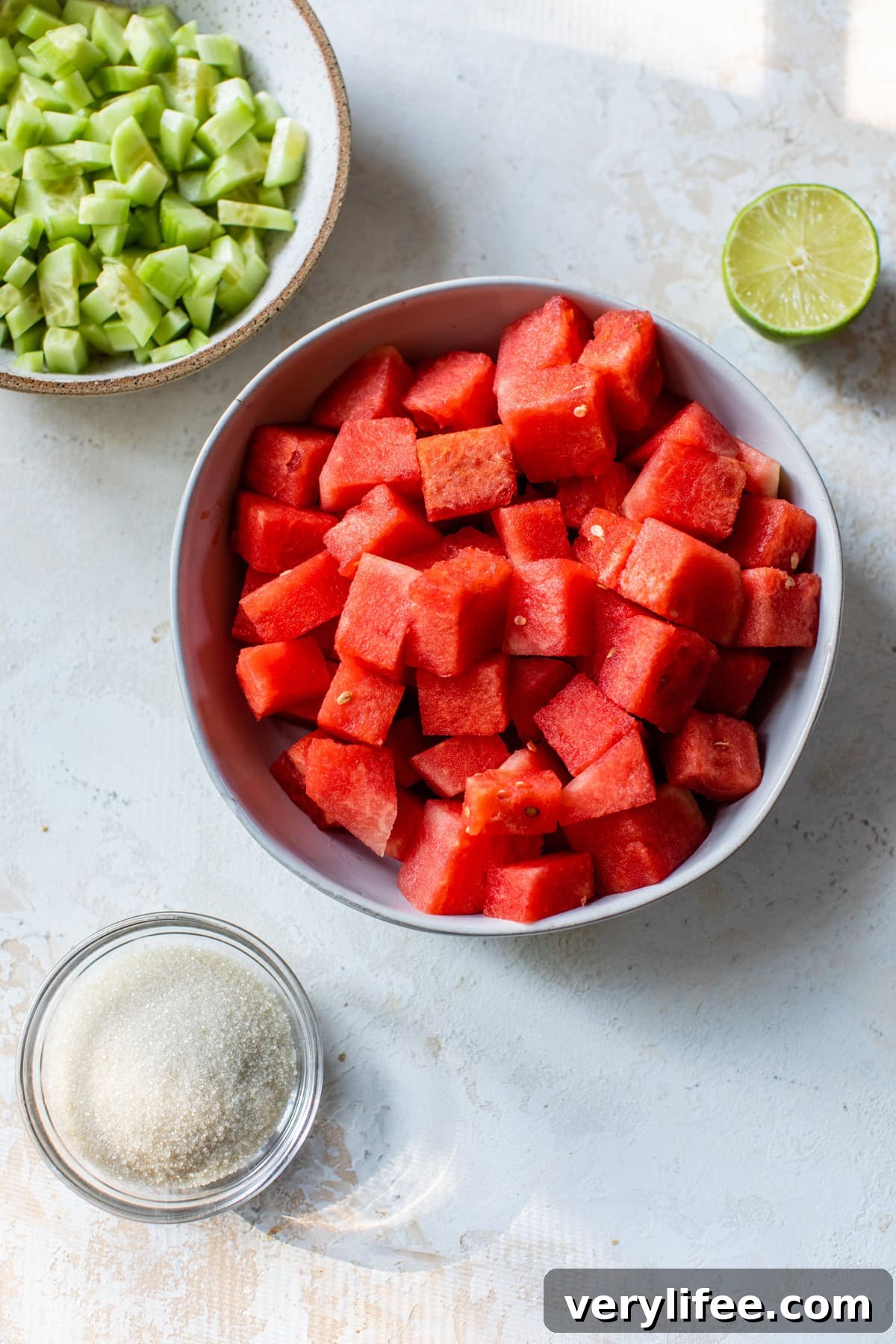 cucumbers, watermelon, lime and sugar