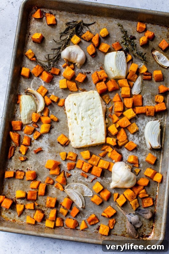 Sheet pan with butternut squash and feta