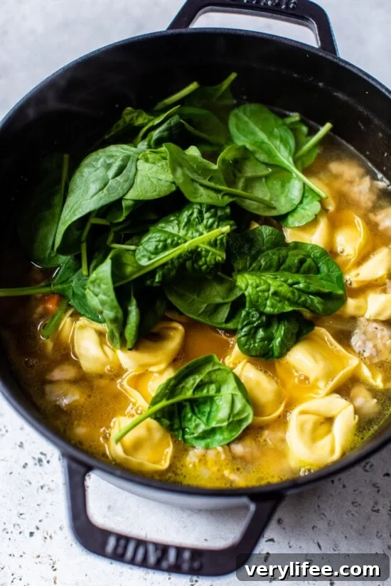 Add the broth, sausage and tortellini to the soup