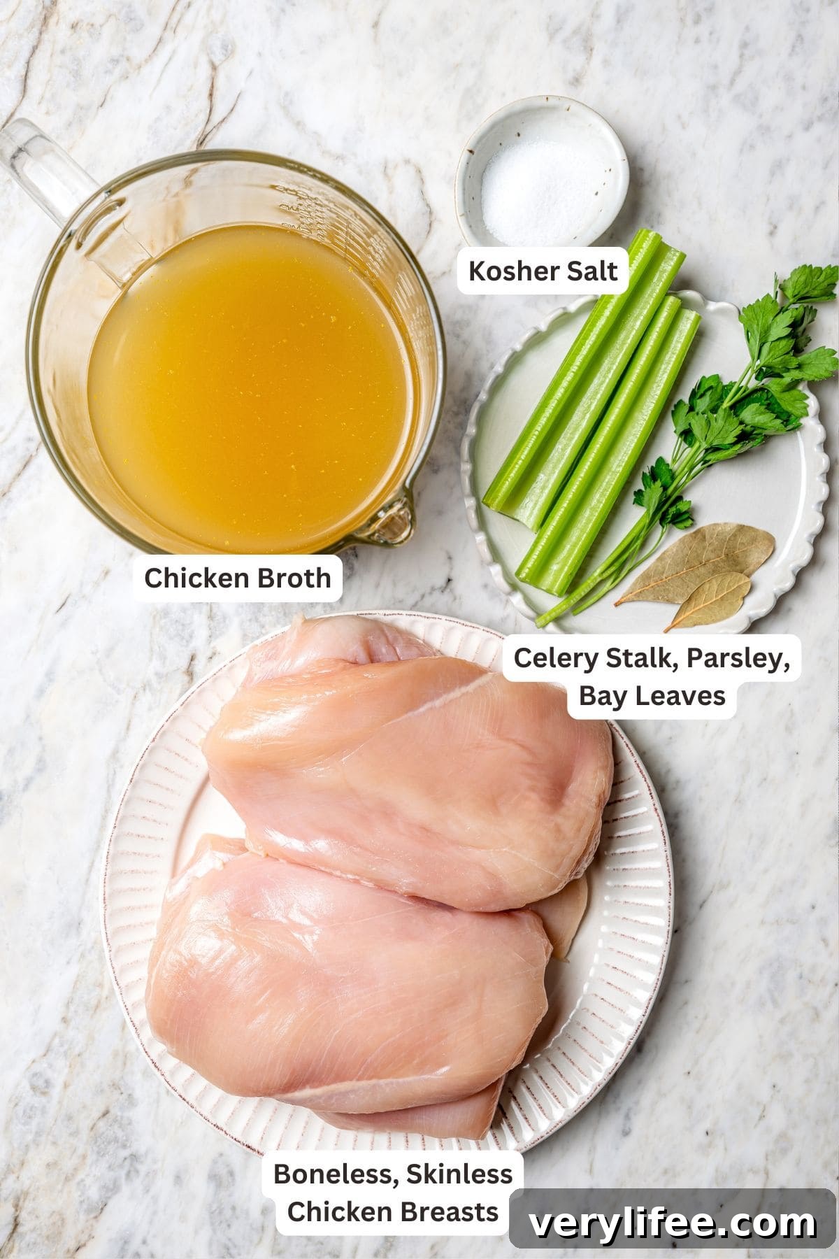 Overhead view of ingredients for slow cooker shredded chicken