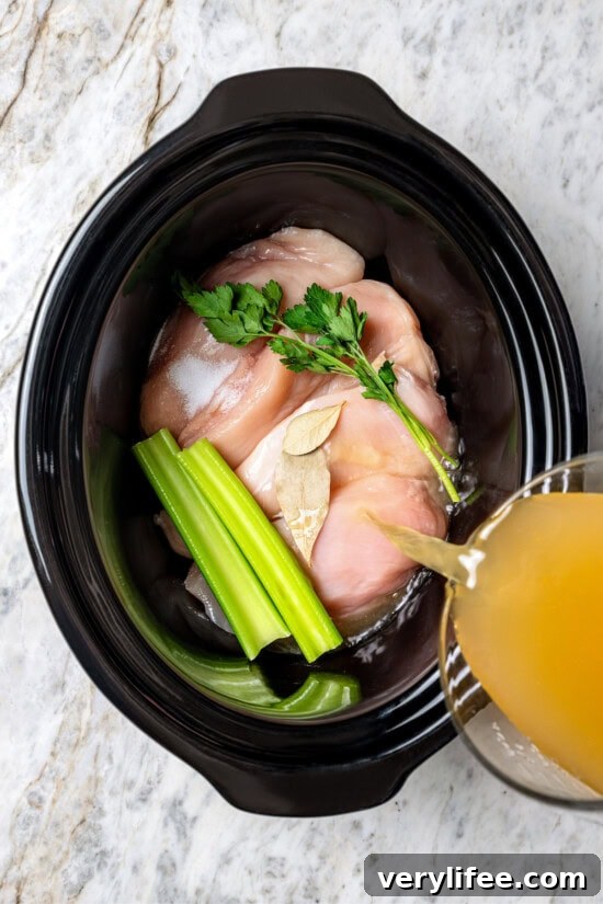 Pouring broth into slow cooker with chicken breasts, parsley, celery, and bay leaves