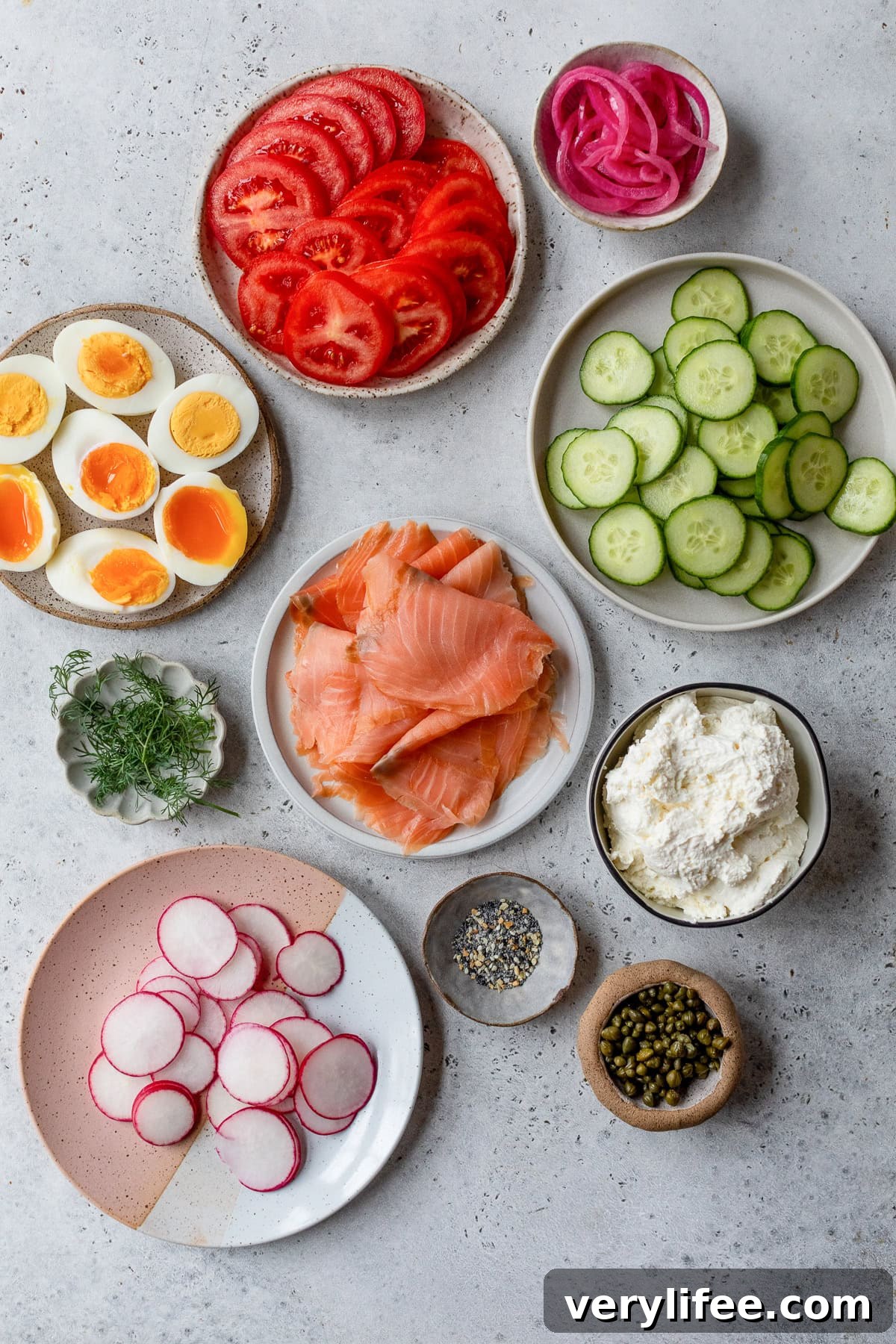 Smoked Salmon Platter with Cream Cheese, Capers and Dill 5 Smoked Salmon, cucumbers, eggs and cream cheese
