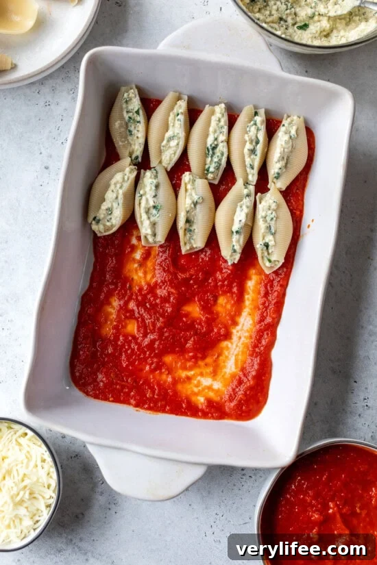 Baked Ricotta Stuffed Shells with Marinara 5 Stuff the shells with the spinach cottage cheese filling.