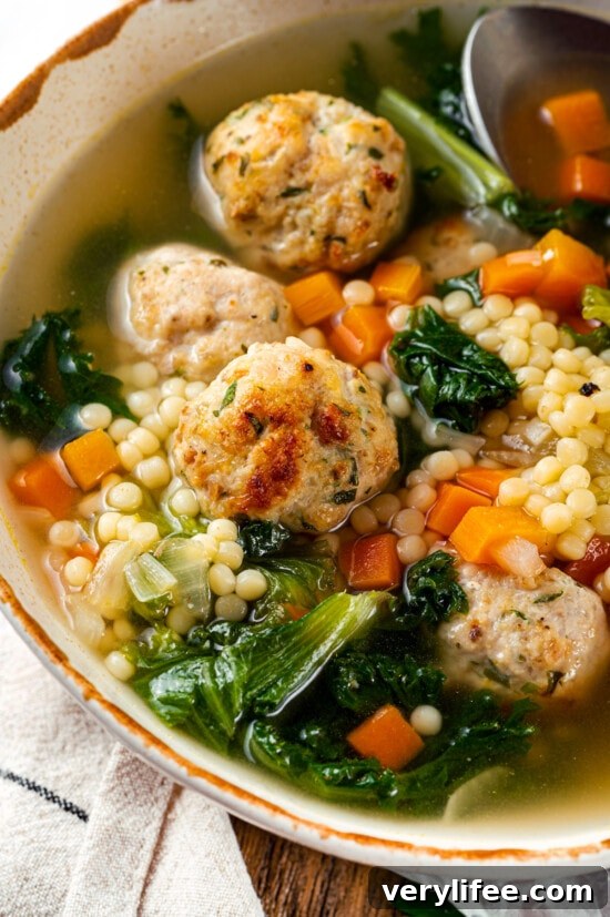 Close up of a bowl of Italian wedding soup