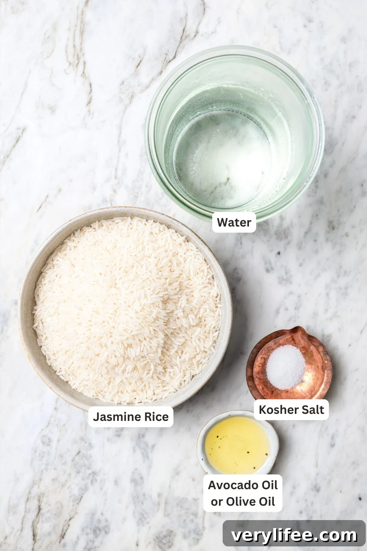 Overhead view of ingredients for jasmine rice
