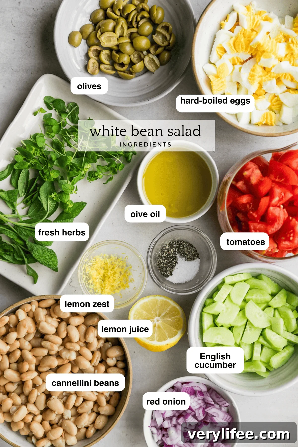White Beans, eggs, cucumbers, tomatoes
