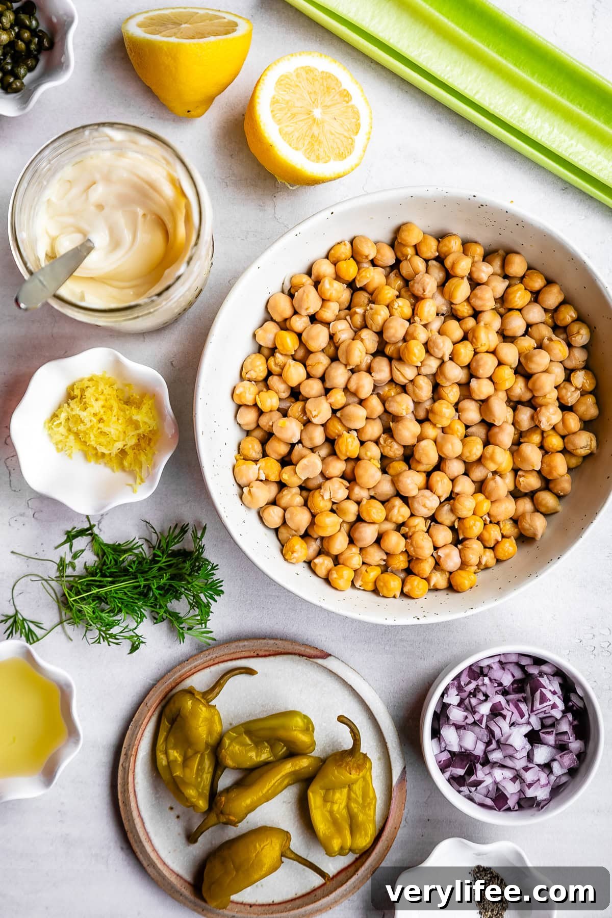 Vegan Chickpea Tuna Salad 5 Chickpeas, pepperoncini, mayo, lemon, dill