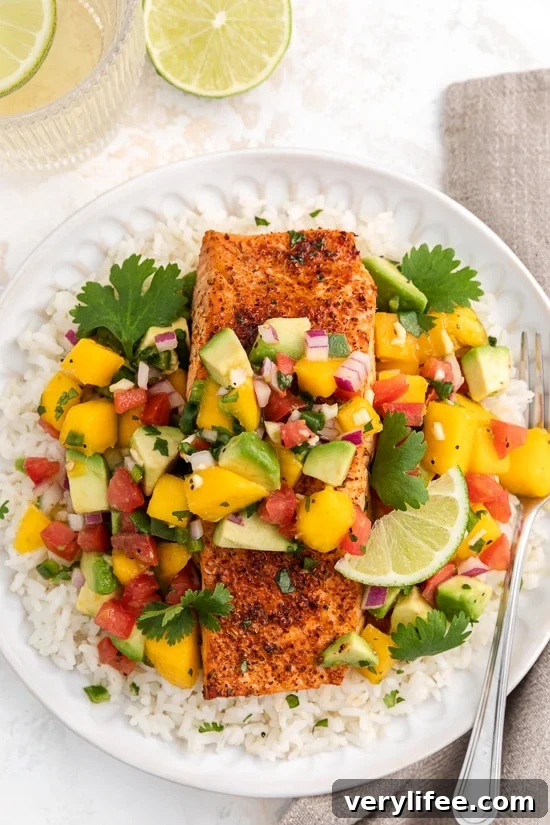 Chili-Lime Air Fryer Salmon topped with salsa