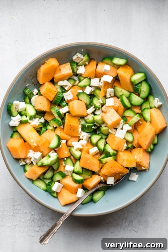 Cantaloupe, Cucumber and Feta in a bowl.