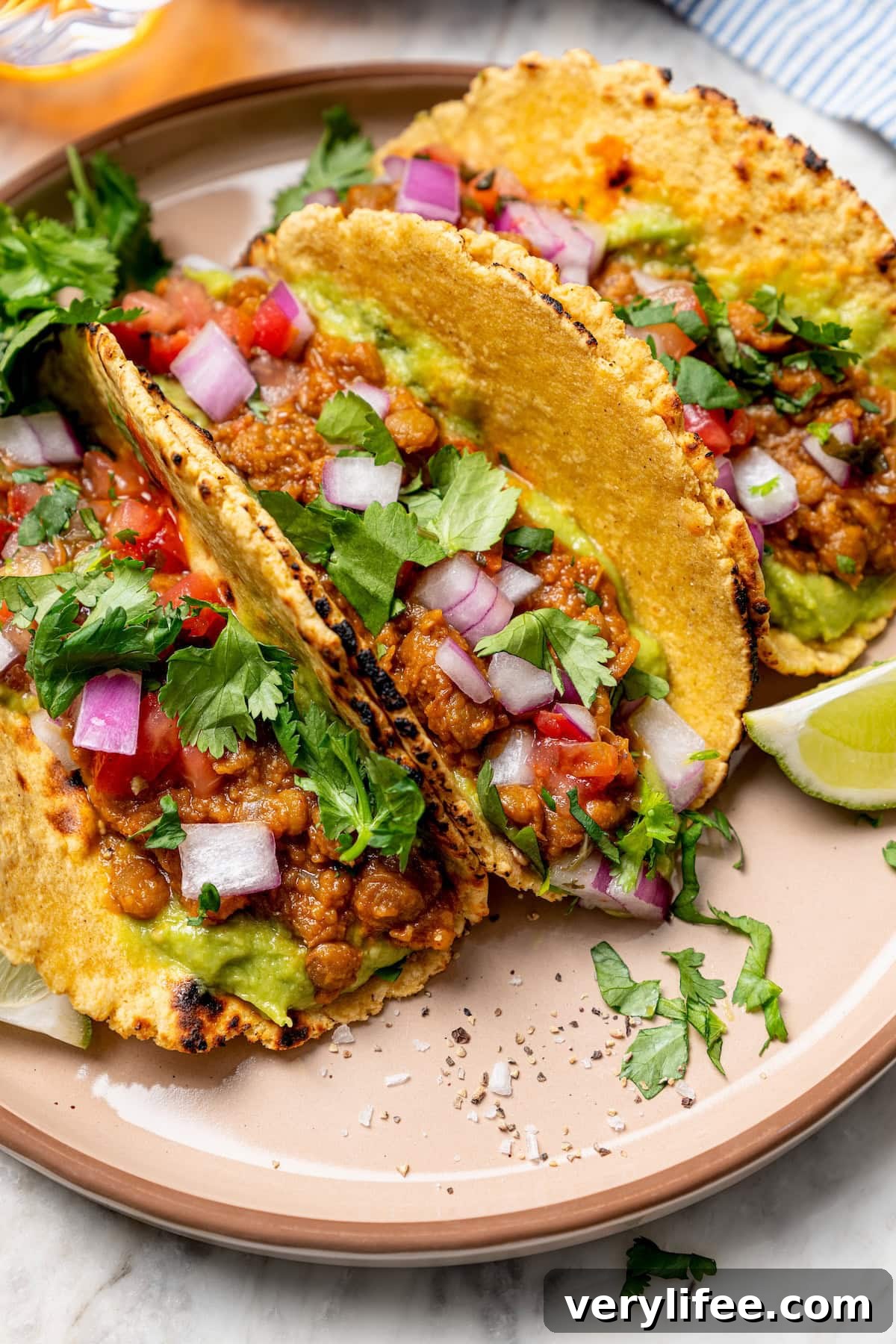 Vegan Lentil Tacos with Spiced Tomato Salsa 10 3 vegan lentil tacos on plate