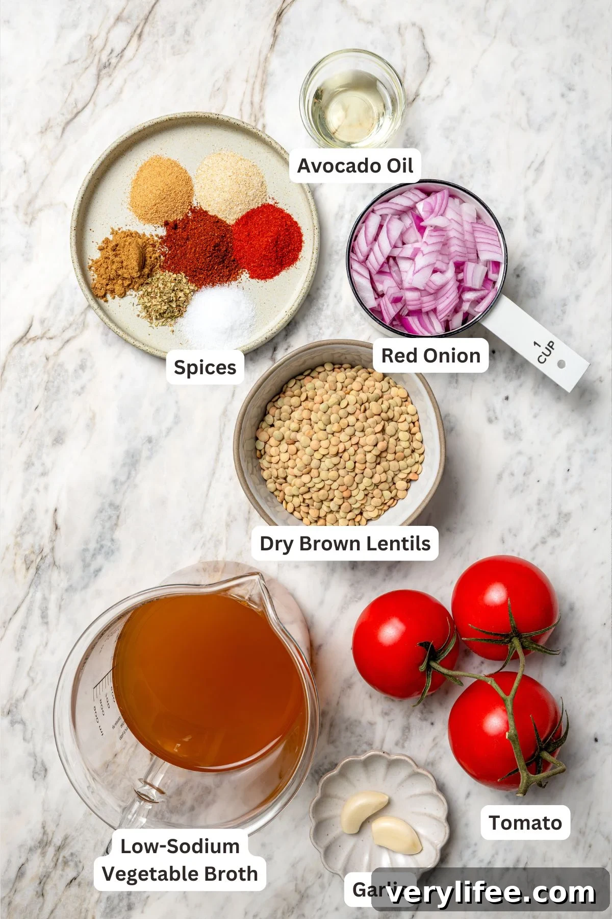 Vegan Lentil Tacos with Spiced Tomato Salsa 4 Overhead view of ingredients for lentil tacos