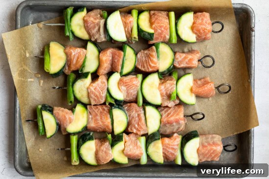 Grilled Miso-Glazed Salmon Skewers with Zucchini & Scallions 7 Thread onto skewers