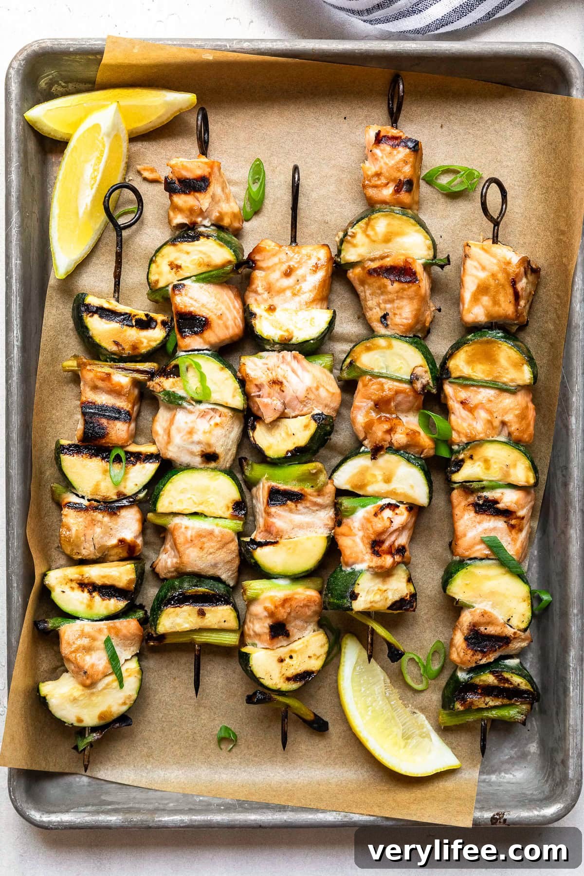 Grilled Miso-Glazed Salmon Skewers with Zucchini & Scallions 8 Grilled Miso Salmon Skewers