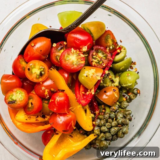 tomatoes, olives, capers, peppers