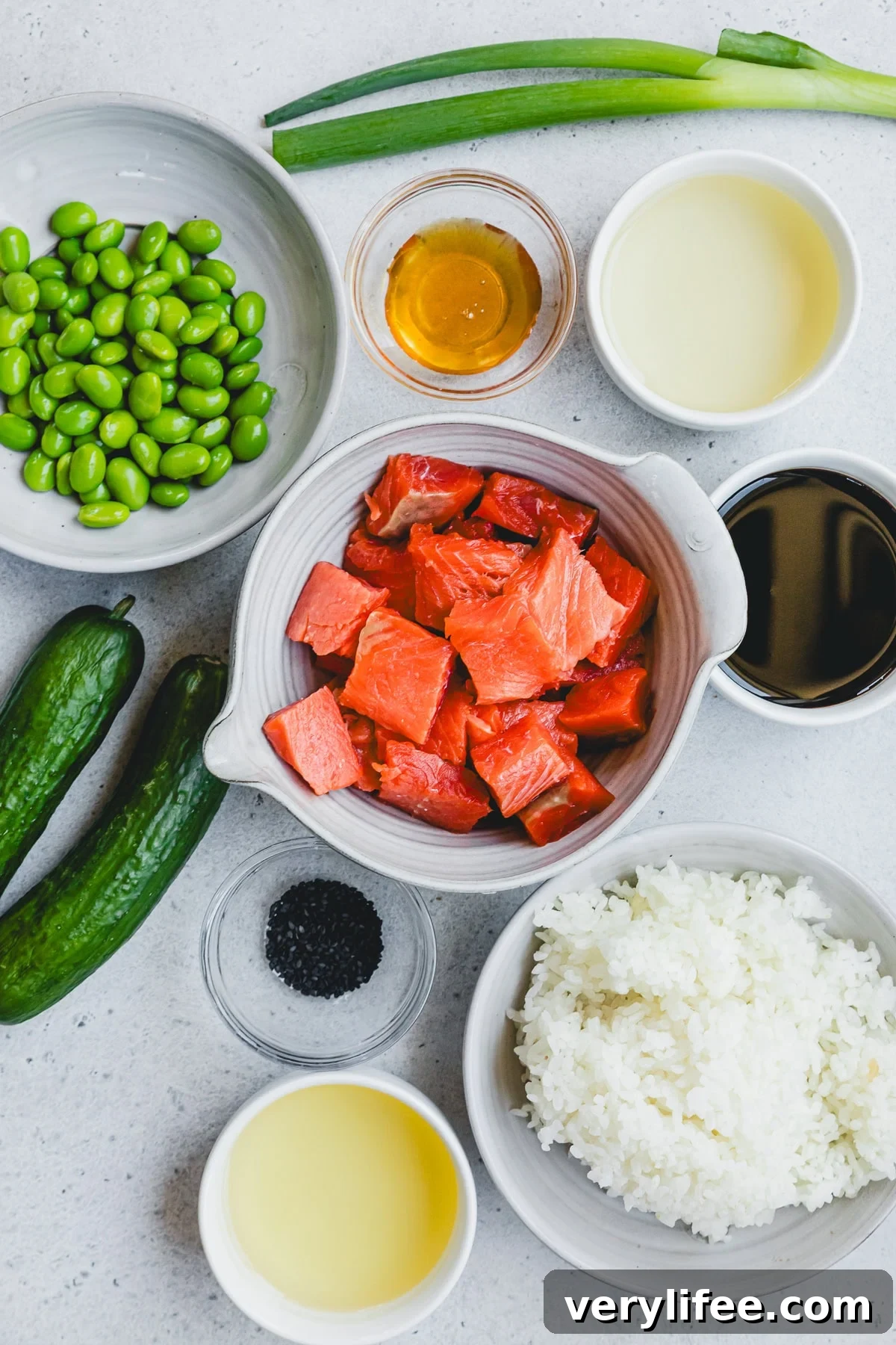 Crispy Teriyaki Salmon Bowl Recipe: Air Fryer or Oven 4 salmon, cucumbers, edamame, rice