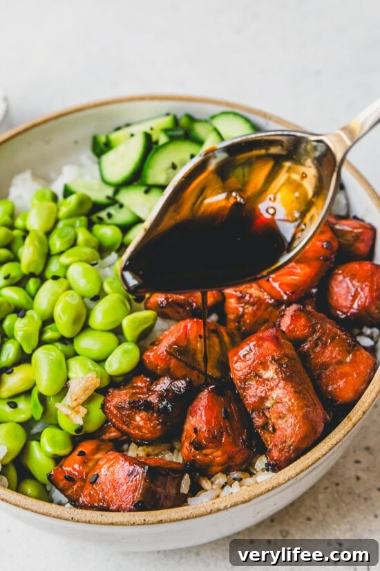 Crispy Teriyaki Salmon Bowl Recipe: Air Fryer or Oven 8 Pour glaze over salmon