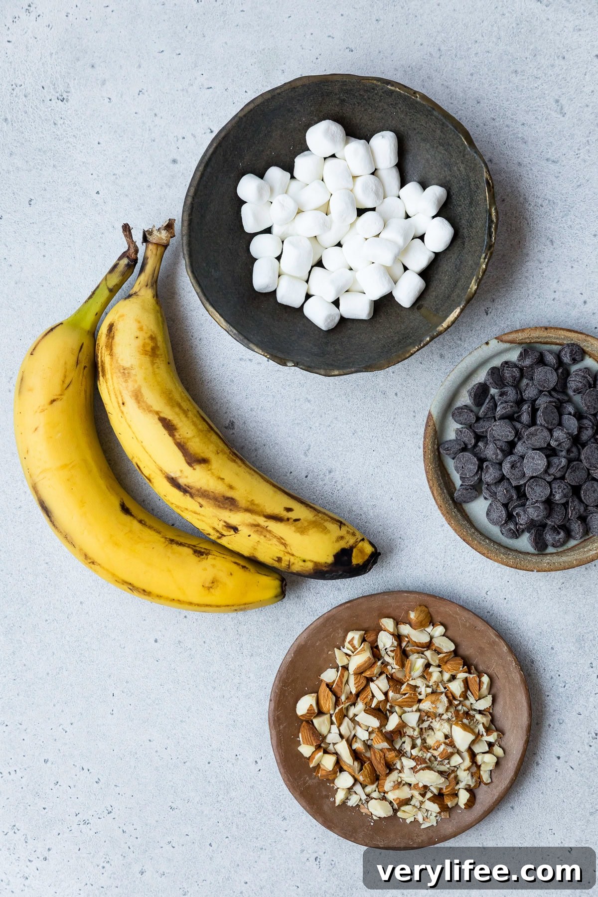 bananas, marshmallows, chocolate chips and nuts