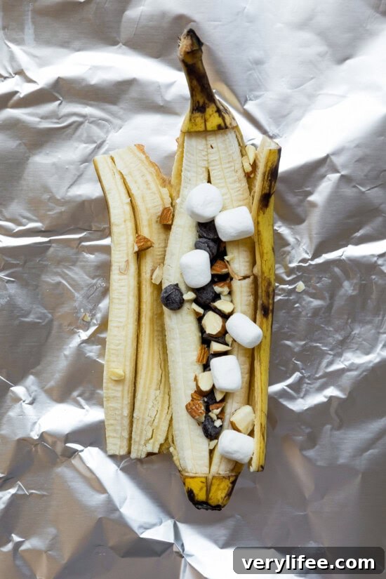banana, foil, marshmallow, chocolate chips and nuts