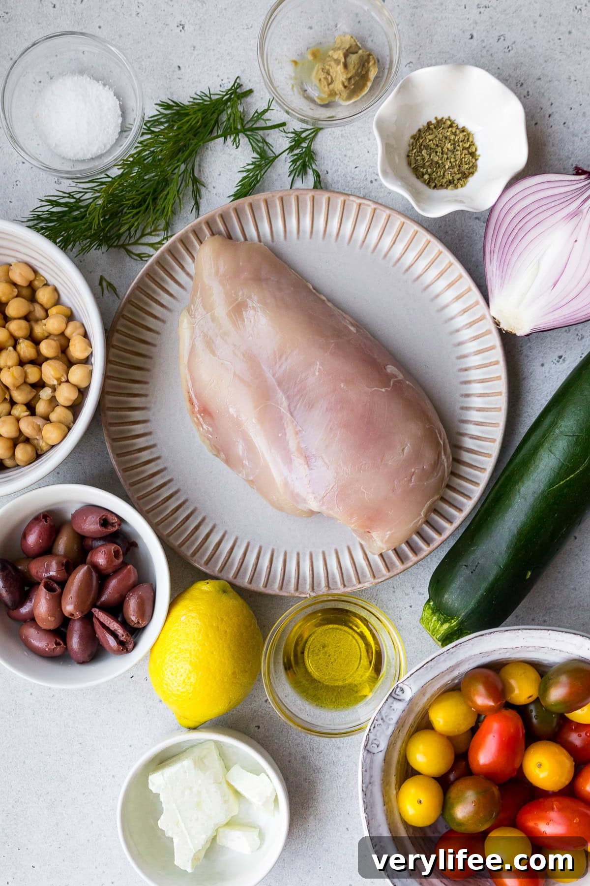 Crispy Air Fryer Greek Chicken with Lemon and Oregano 4 chicken breast, zucchini, tomatoes, olives, chickpeas
