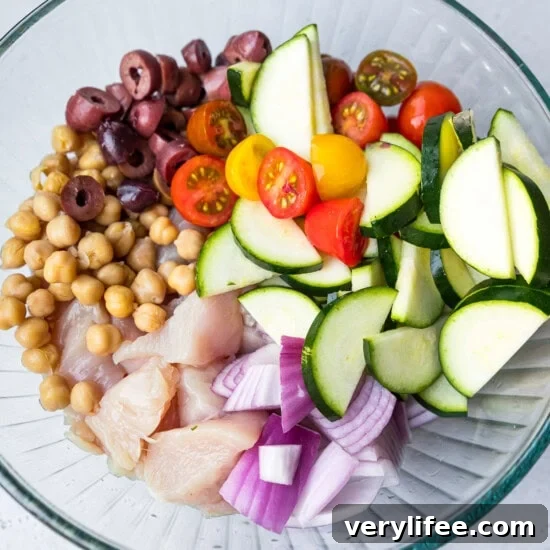 Crispy Air Fryer Greek Chicken with Lemon and Oregano 5 chicken breast, zucchini, tomatoes, olives, chickpeas
