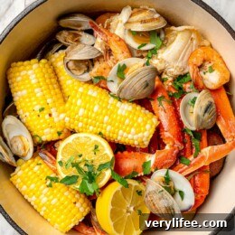 Overhead view of seafood boil in Dutch oven
