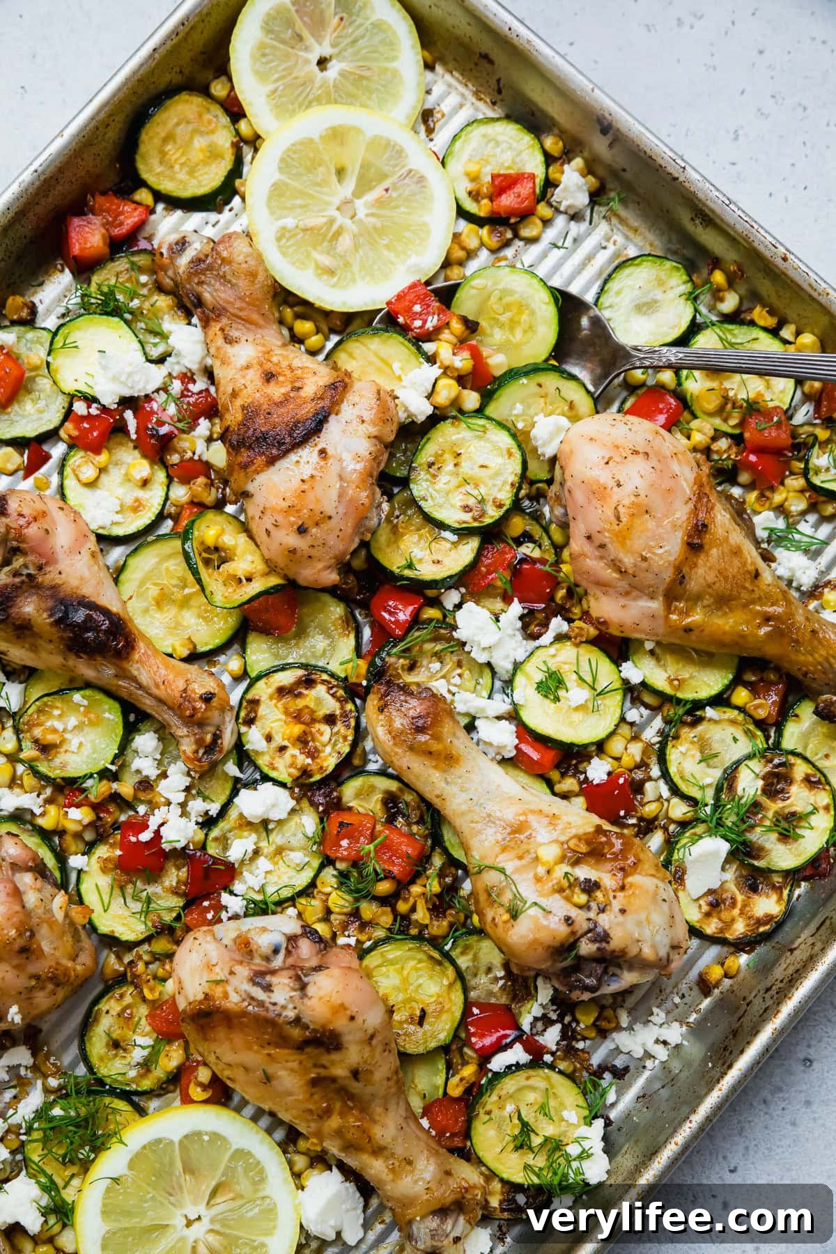Sheet-Pan Chicken Drumsticks with Zucchini and Corn Recipe 11 Chicken Drumsticks with Zucchini, Bell Peppers and Corn