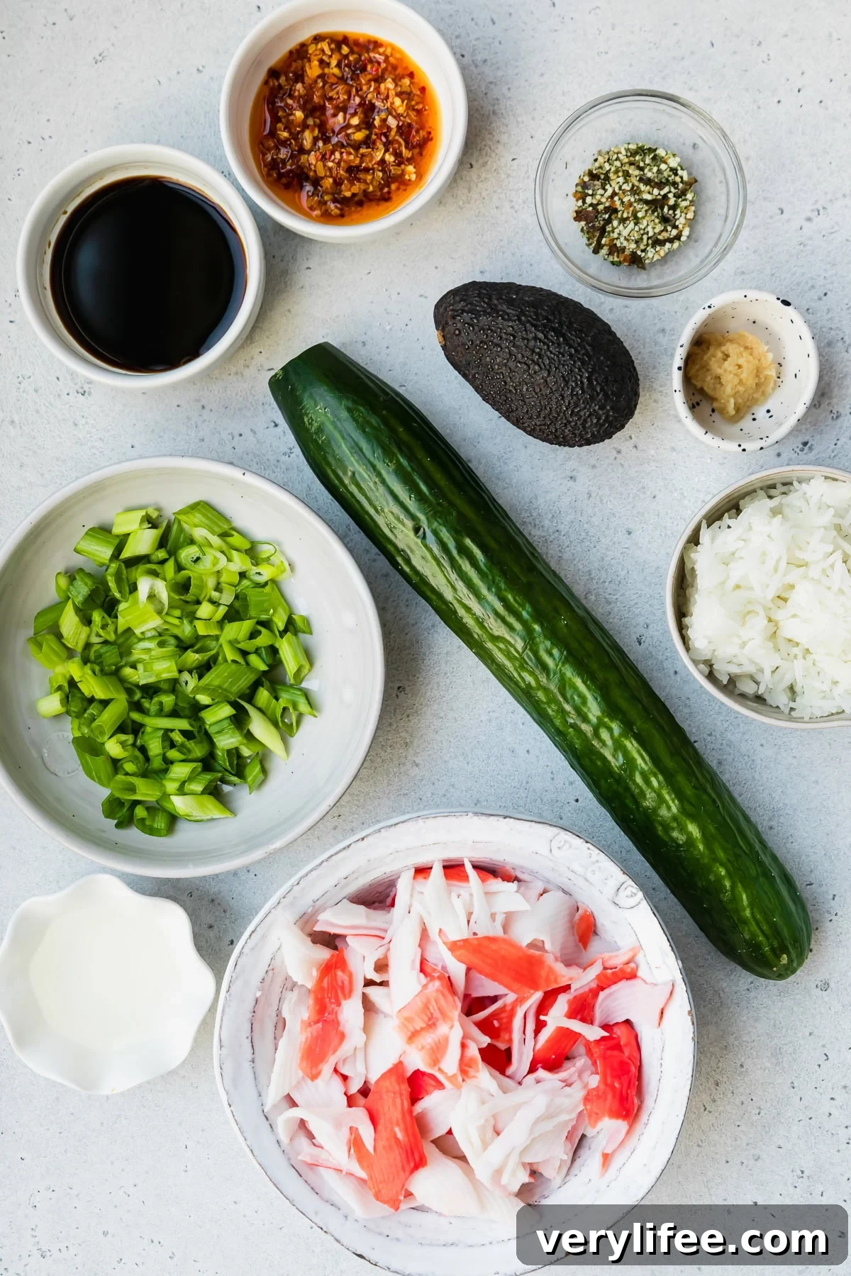 California Roll ingredients with rice and cucumber