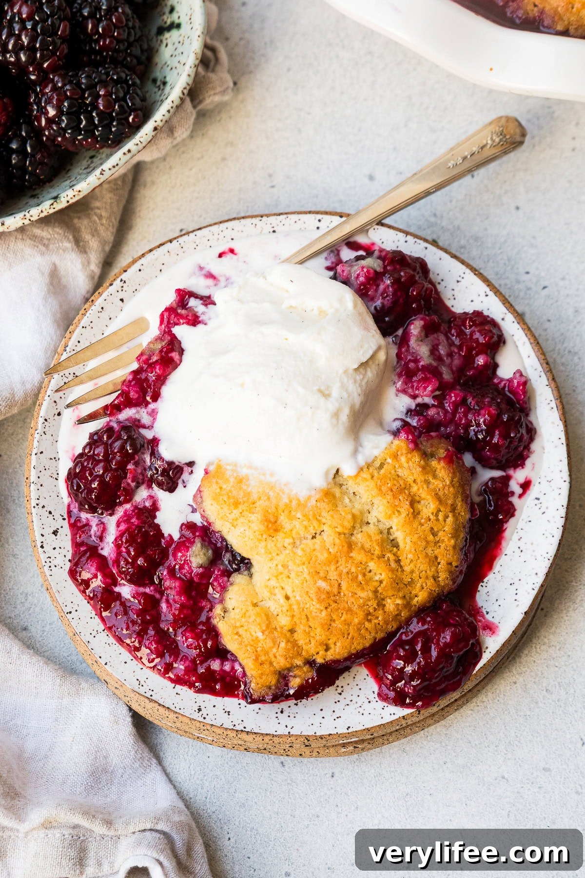 Blackberry Cobbler Recipe with Fresh Berries 15 Blackberry Cobbler with ice cream on a plate