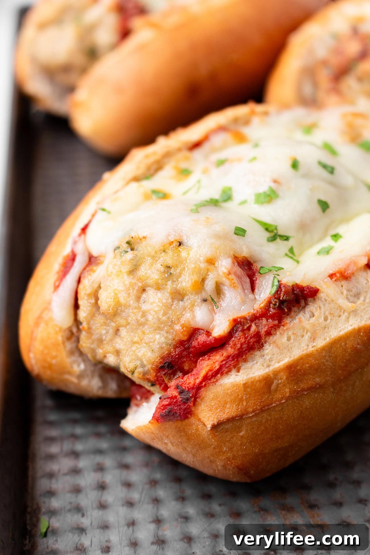 Crispy Air Fryer Meatball Subs with Melty Cheese 10 Air Fryer Meatball Sub close up