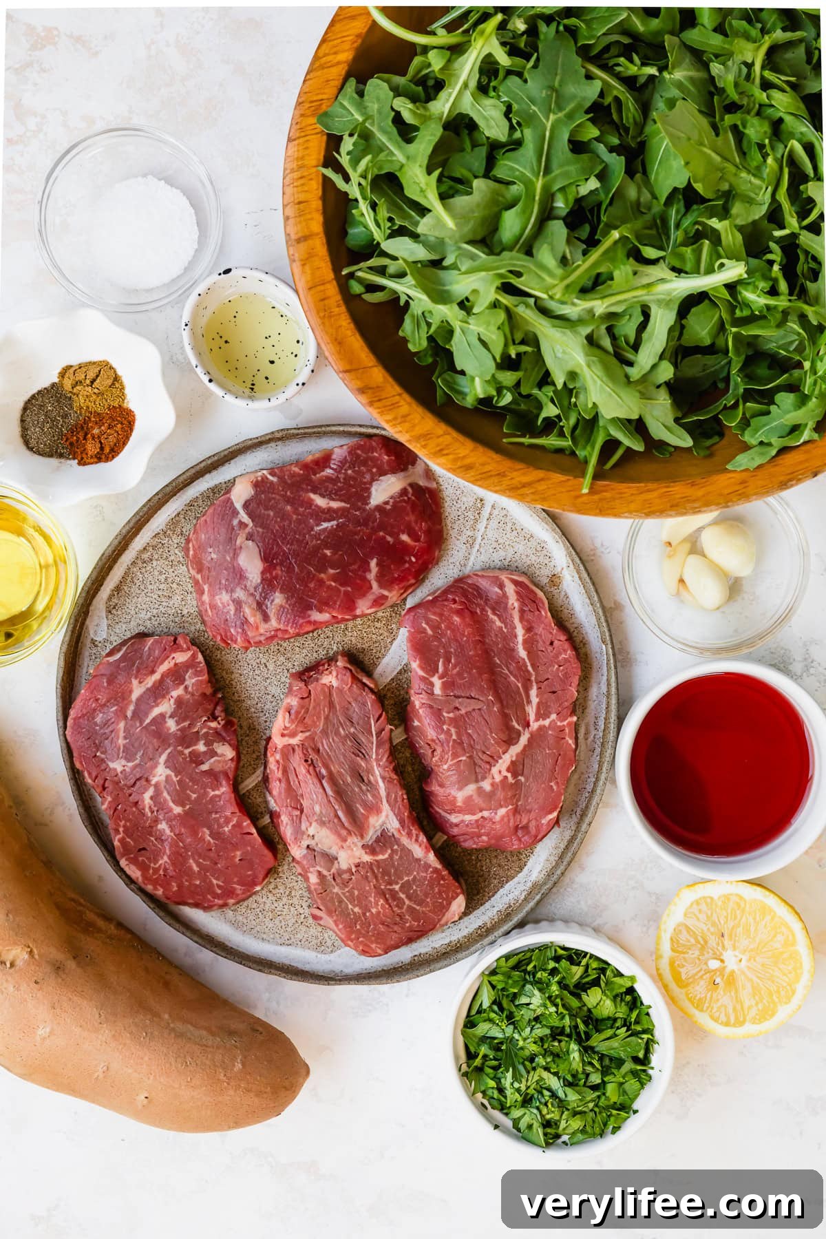 Ingredients for fall steak salad with sweet potatoes