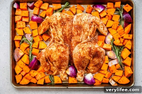 Spatchcock Chicken with Sweet Potatoes on a sheet pan