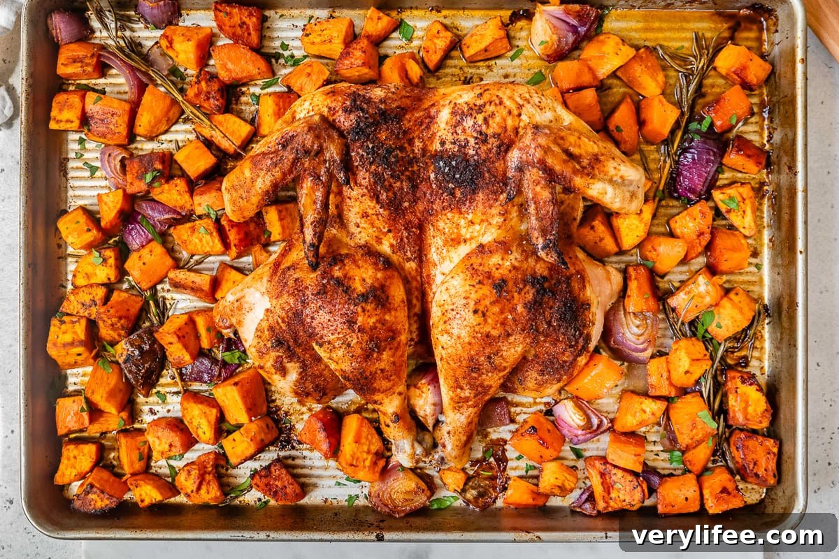 Spatchcock Chicken with Sweet Potatoes on a sheet pan