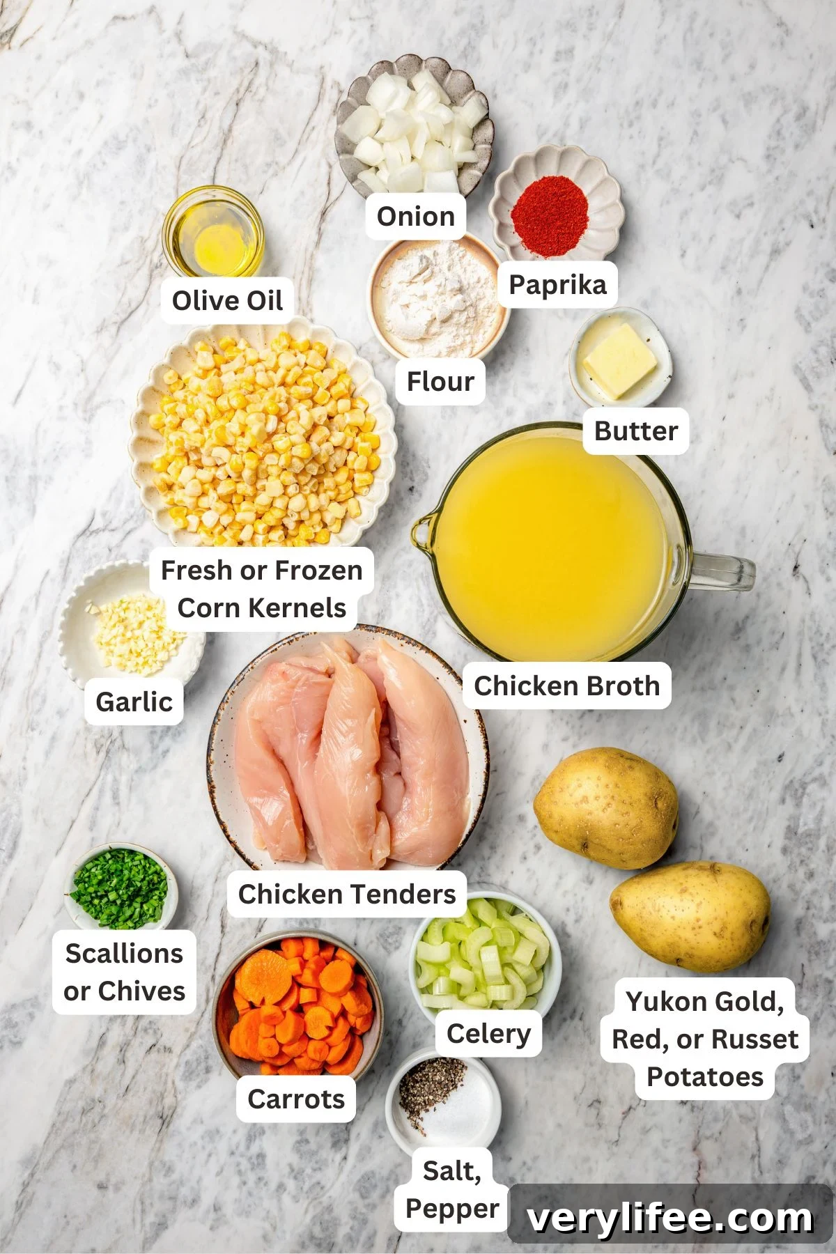 Creamy Chicken and Corn Chowder Recipe 4 Overhead view of ingredients for chicken corn chowder.