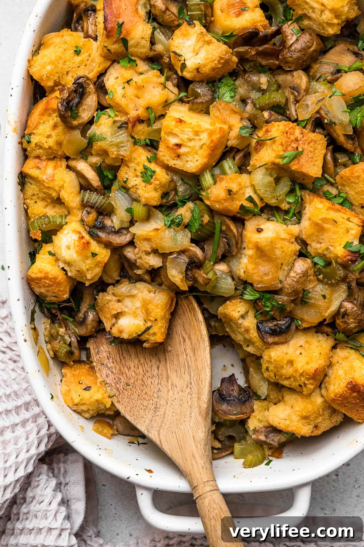 Sourdough Stuffing in a baking dish