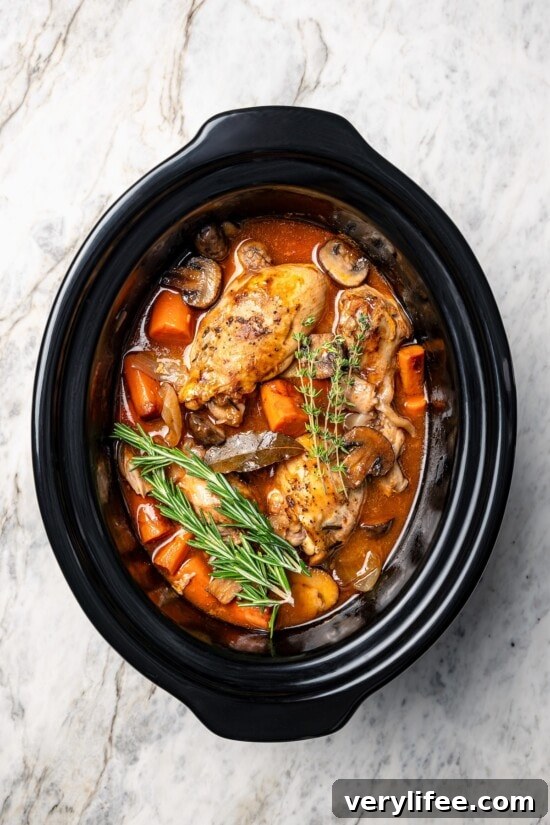 Slow cooker coq au vin in crockpot.