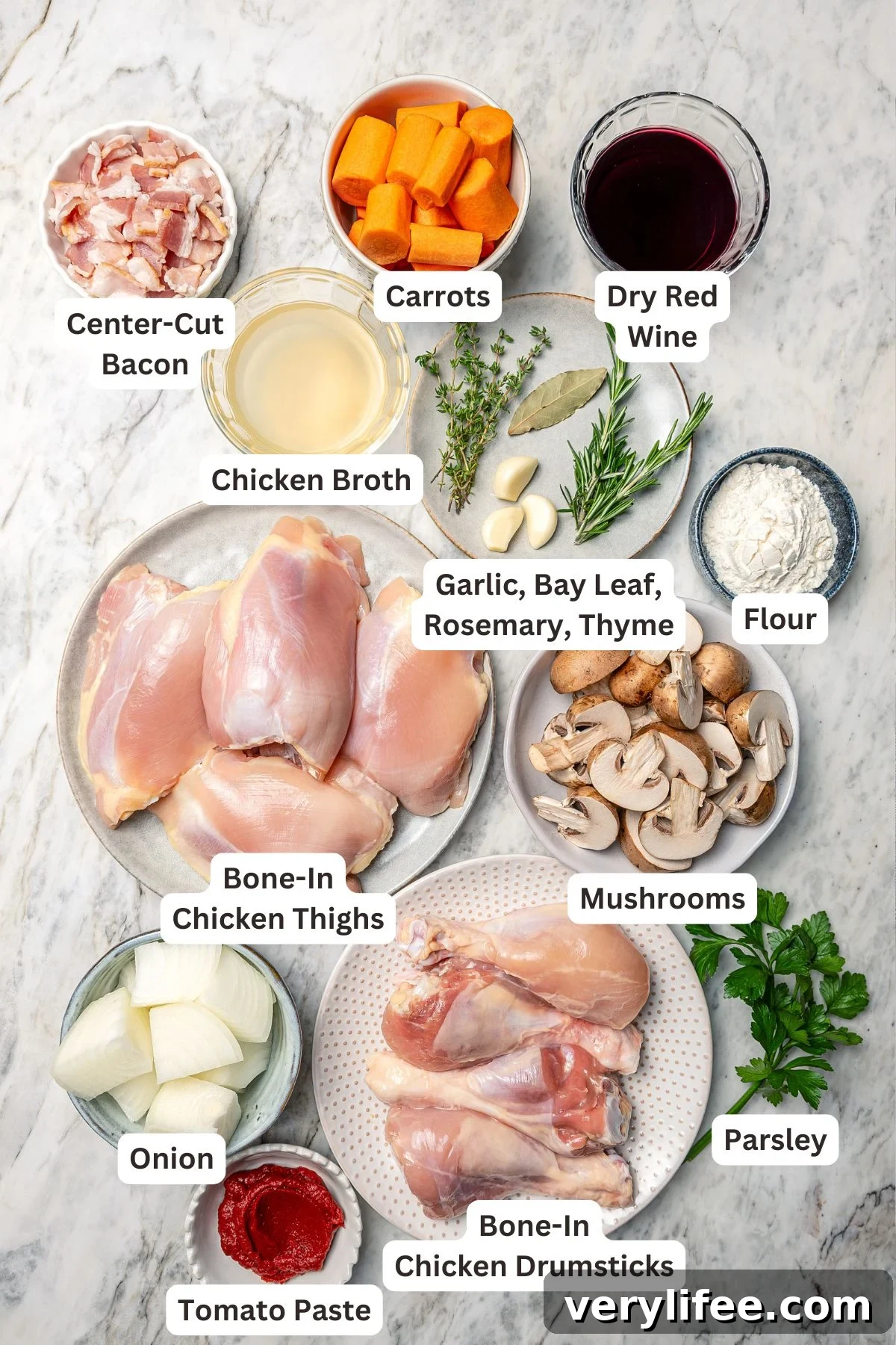 Ingredients for slow cooker coq au vin.