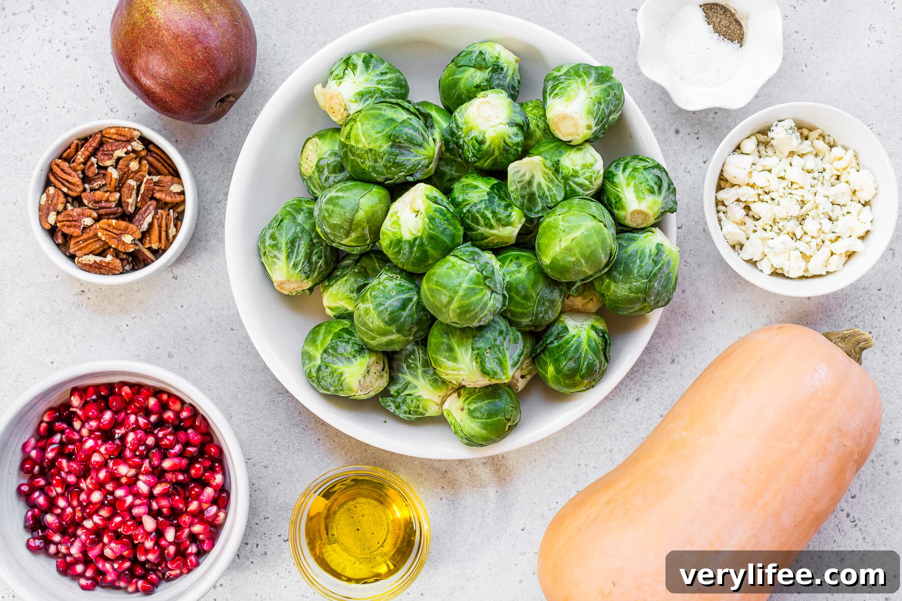 Butternut Squash & Brussels Sprout Salad with Pears, Maple Dijon 5 Ingredients for Butternut Squash Salad with Brussels Sprouts and Pears