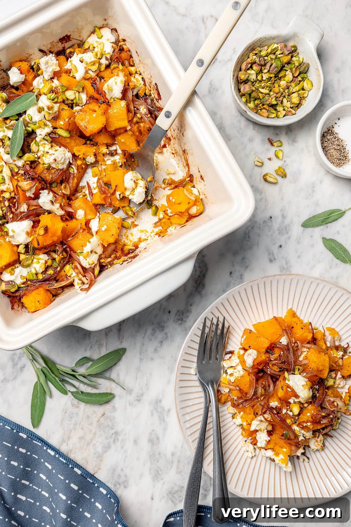 Butternut squash bake in pan and on plate.