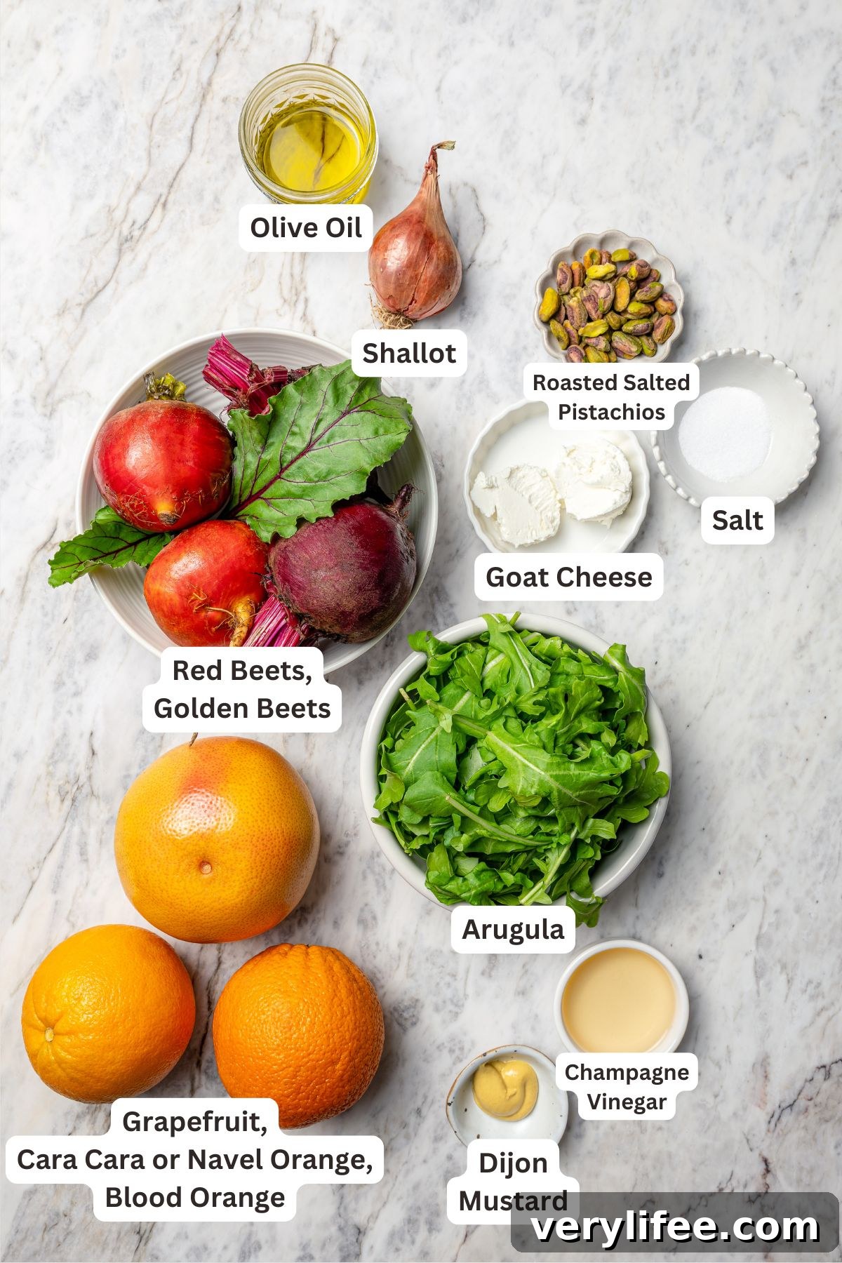 Roasted Beet Salad with Citrus and Goat Cheese 5 Ingredients for roasted beet and citrus salad with labels.