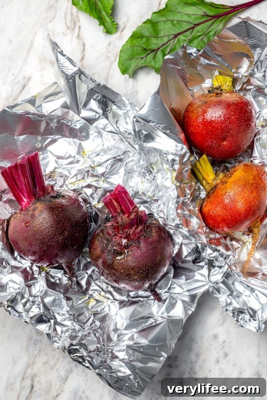 Roasted Beet Salad with Citrus and Goat Cheese 6 Red beets and golden beets each on separate sheets of foil.