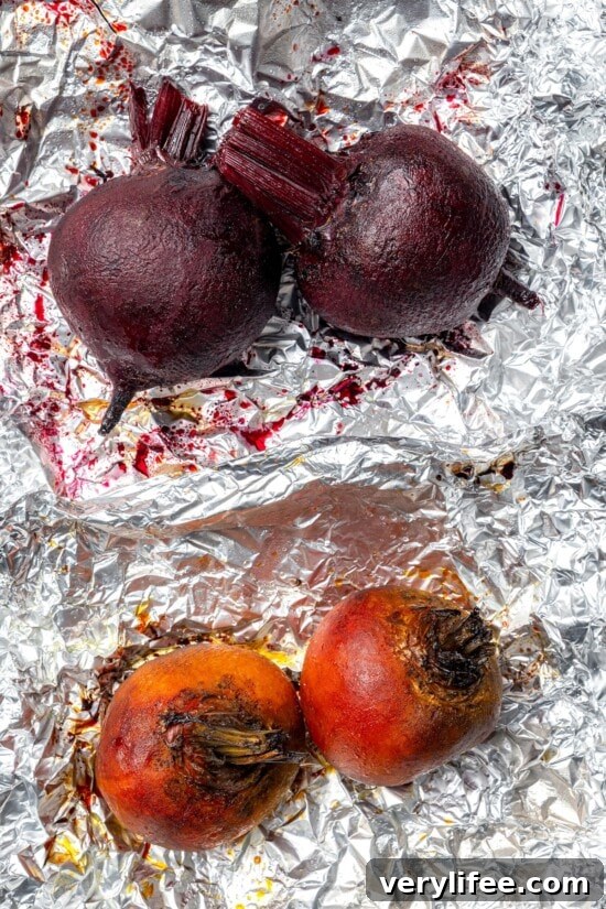 Roasted Beet Salad with Citrus and Goat Cheese 7 Roasted red and golden beets on foil.