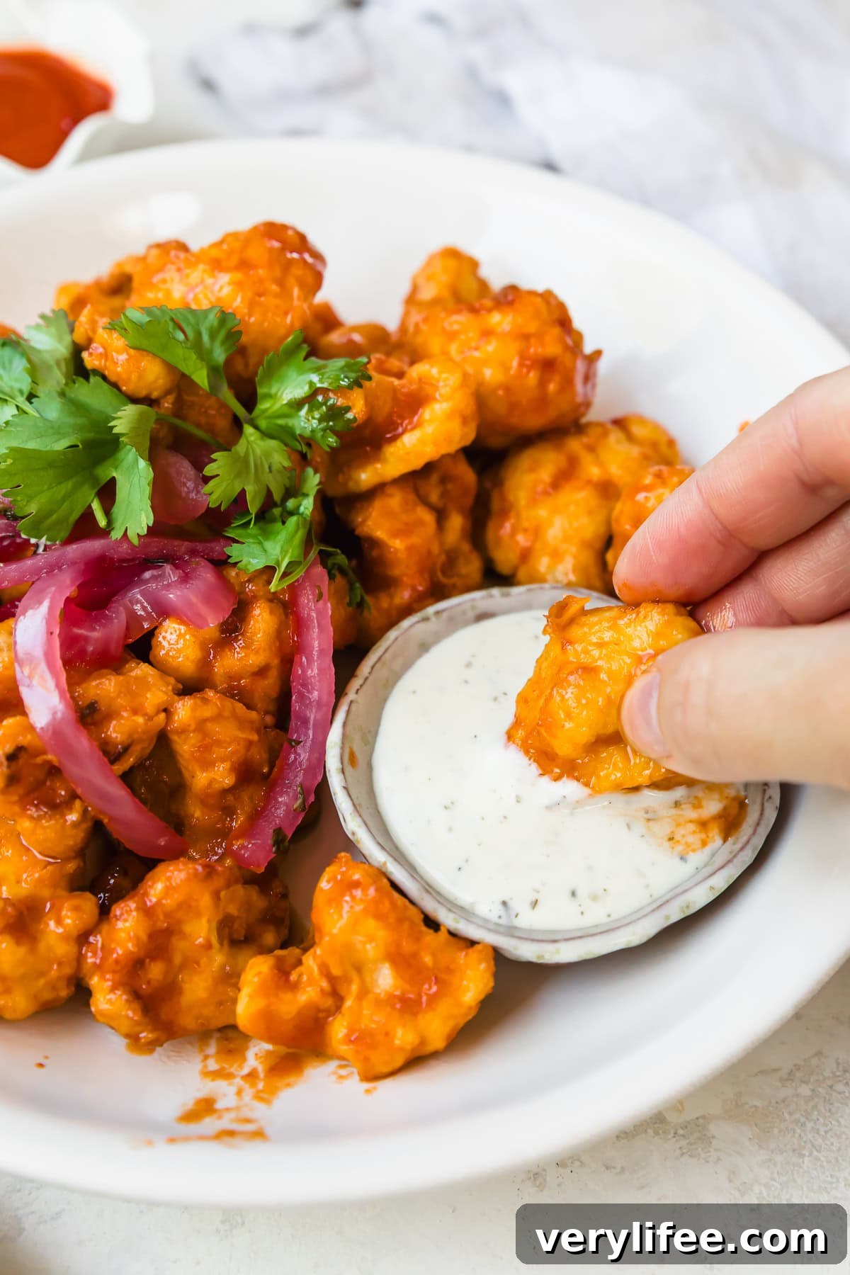 Crispy Air Fryer Cauliflower Wings with Honey Sriracha Recipe 11 Air Fryer Cauliflower Wings with Honey Sriracha and dipping sauce