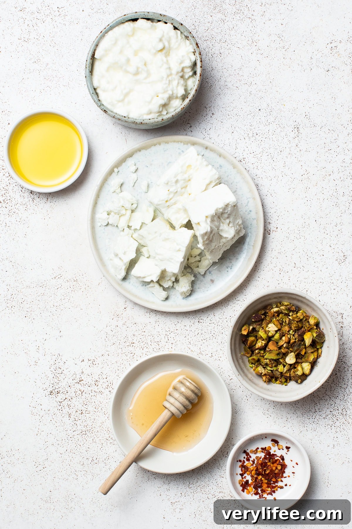 Ingredients for Whipped Feta Dip with hot honey and cottage cheese